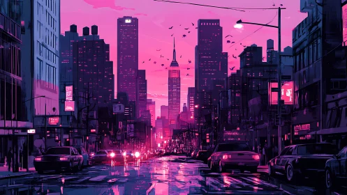 Neon dusk drapes the city as chrome traffic hums below