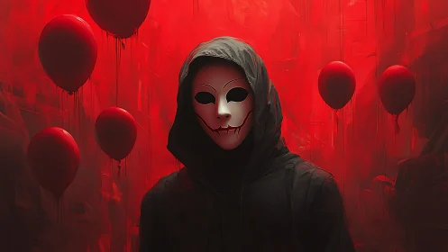 Hooded figure in smiling mask dominates crimson balloon field