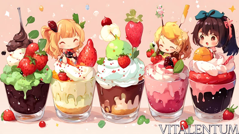 Chibi dessert avatars embedded in multicolor parfait glasses.