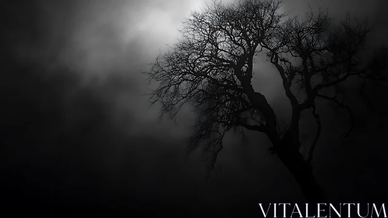 Bare tree silhouette is framed against diffuse backlight