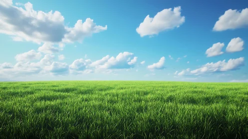 Open grass field under blue sky with scattered clouds.