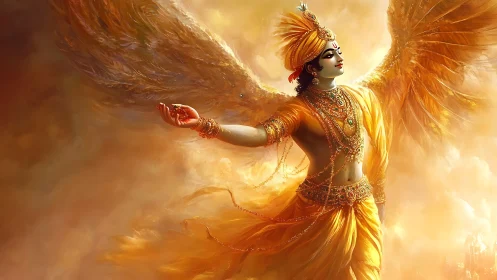 Digital painting of radiant winged deity in golden atmosphere.