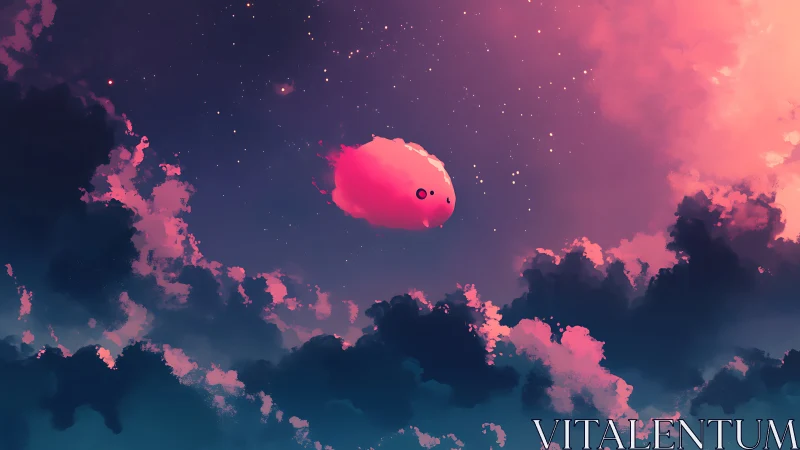 Digital painting of floating pink creature in celestial clouds.