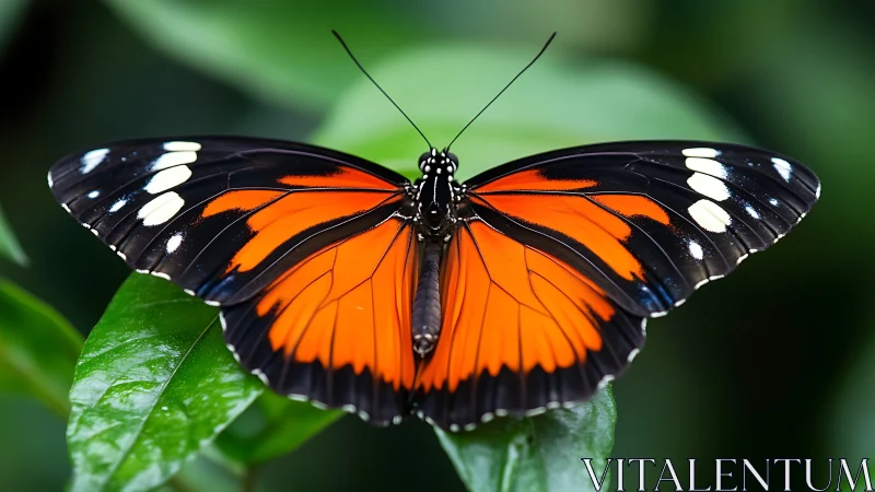 Orange black butterfly rests on fresh green leaf