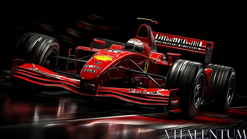 Red Formula racer slicing through night-lit speedway.