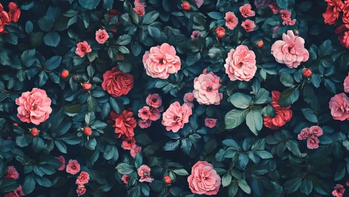 Pink Roses Cascade: Garden Romance in Deep Teal.