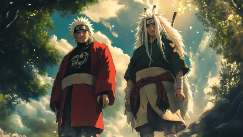 Legendary ninja warriors stand united under forest light.