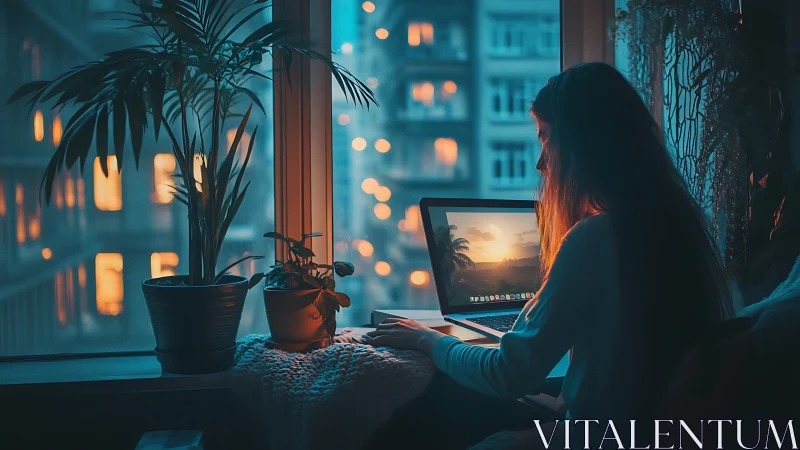 Backlit woman using laptop by window in teal orange bokeh