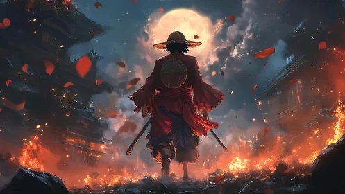 Moonlit wanderer in red strides through a sea of sparks.
