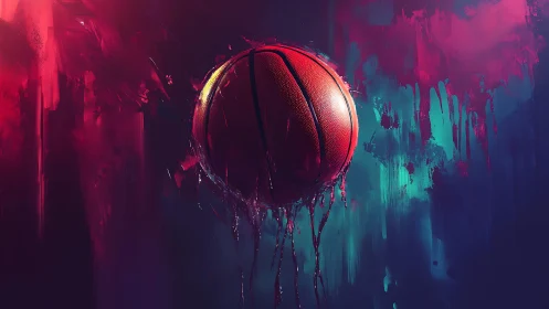 Basketball suspended in vivid neon abstract paint field.