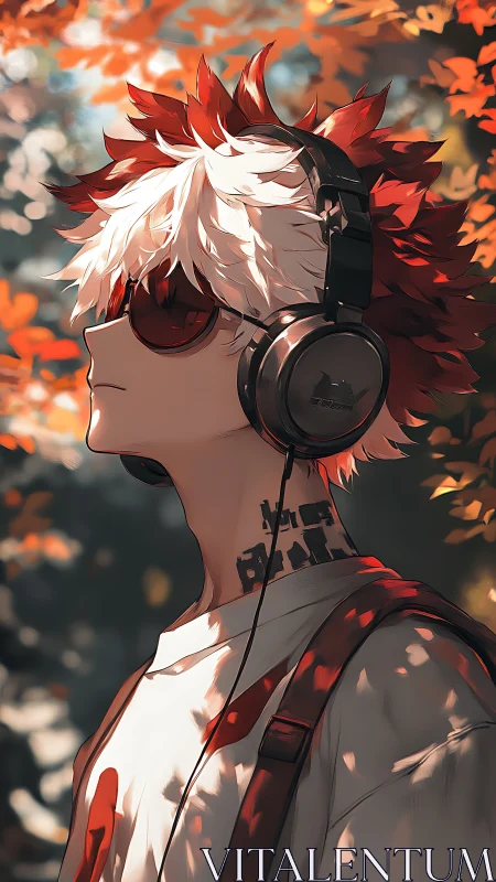 Red haired listener absorbs autumn light with headphones