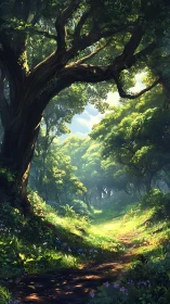 Ancient Forest Grove with Sunlit Canopy Path.