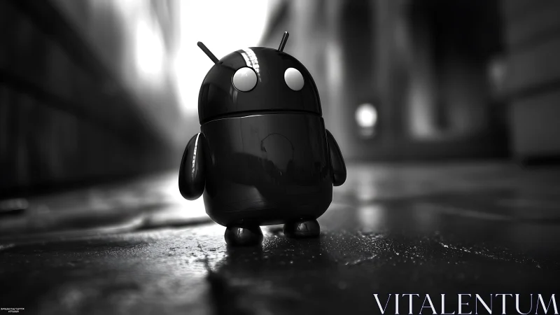 Noir alley android gleams alone in rain-slick city light.