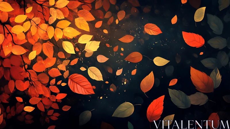 Vibrant autumn leaves swirling against dark background.