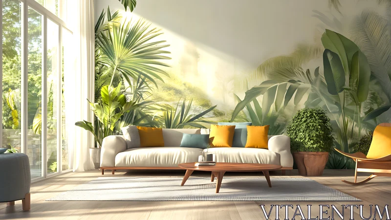 Sunlit tropical living room blends greenery with soft minimalism