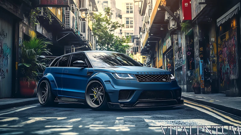Street-slammed blue SUV prowls a neon-tinted urban canyon.