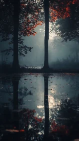 Crimson Canopy Reflected in Misty Forest Pool.
