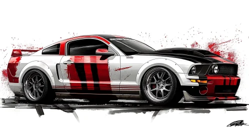 Side profile illustration of modified white and red sports car.