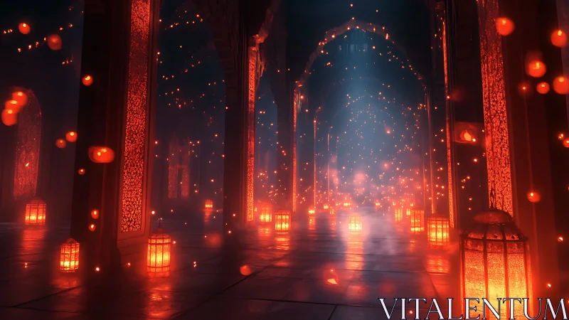 Lantern-lit corridor with floating embers in dim interior.