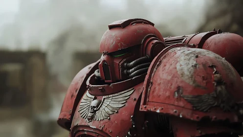 Battle-scarred crimson war armor stalks a fog-dim ruin.