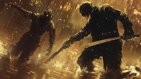 Rain-soaked duel of blade-wielding wasteland nightmares.