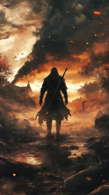 Stormlit wanderer strides into the burning horizon alone