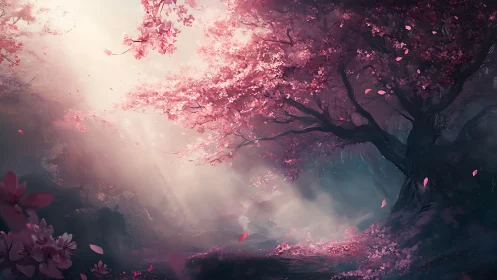 Ethereal cherry blossom grove illuminated by diffused dawn light