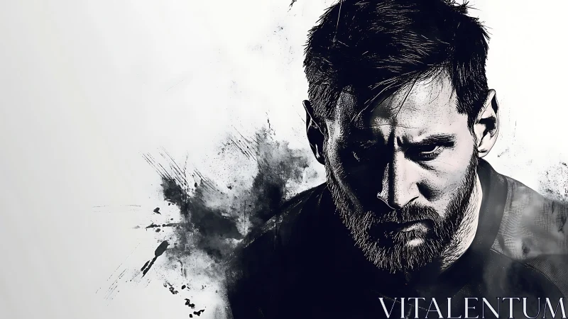 Monochrome digital portrait of male figure with ink effects.