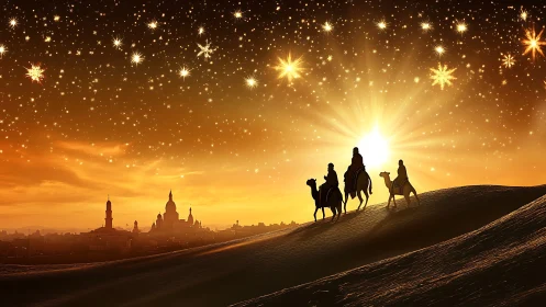 Silhouetted riders traverse desert ridge under dense starfield