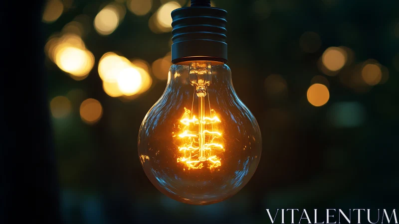 Glowing filament bulb shines warmly against soft bokeh dusk.