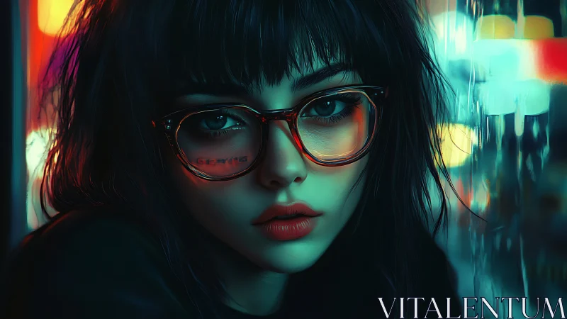 Neon city portrait of girl with glasses and wet hair.
