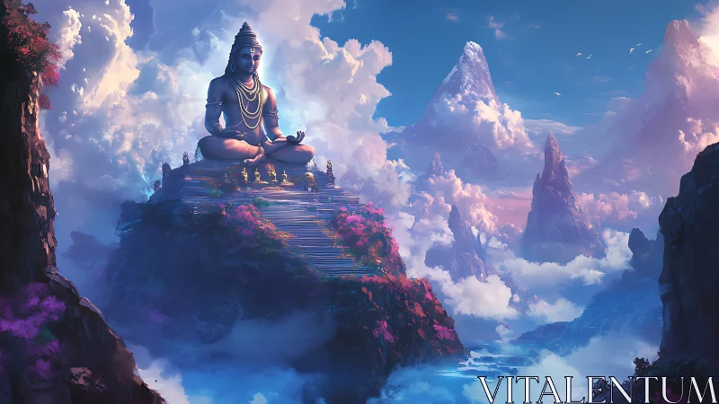 Colossal skyborne deity overlooking stratified cloud peaks.