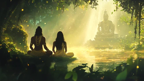 Mystical river meditation before golden-lit stone deity statue.