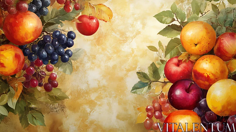 Vibrant autumn fruit clusters against textured gold ground.