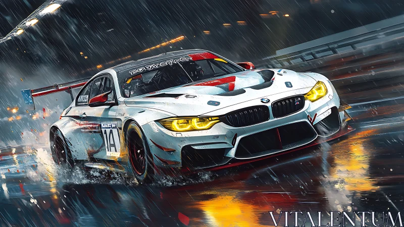 Sleek race car slicing through a glowing midnight rainstorm.