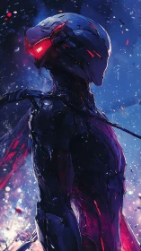 Cybernetic sentinel stands under electric nebula sky.