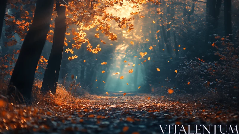 Golden Cascade: Autumn's Luminous Forest Portal.