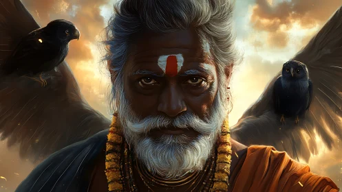Mystical elder with hawks against dramatic glowing sky.