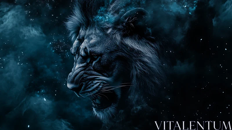 Lion head rendered in blue-toned cosmic nebula environment