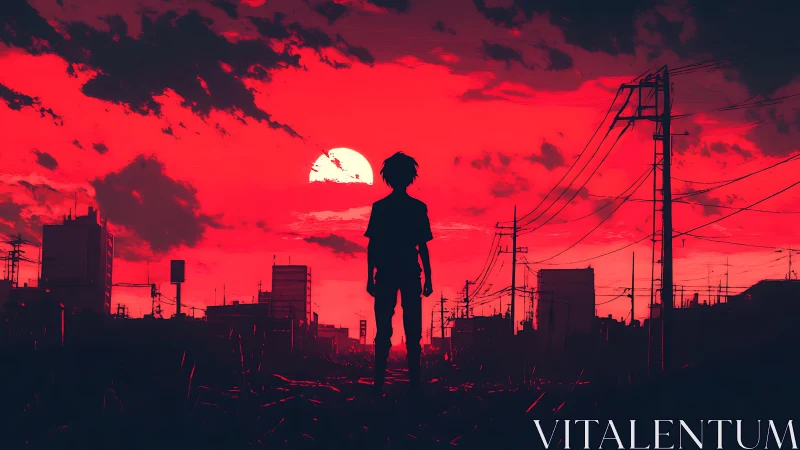Silhouetted figure analyzes dystopian skyline under saturated red sky