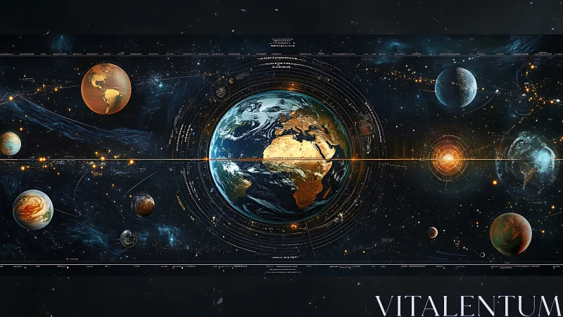 Solar system data visualization with illuminated Earth core.