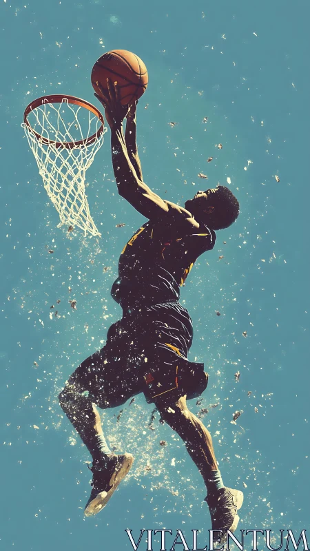 Dynamic low-angle basketball dunk with particle dispersion effects