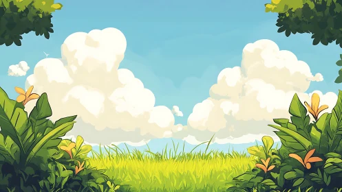 Cartoon landscape with grass, foliage and cumulus clouds.