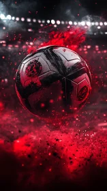 Dynamic 3D football explosion with red particle field focus.