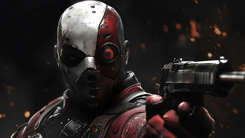 Photorealistic cyborg marksman in tactical close-up portrait.