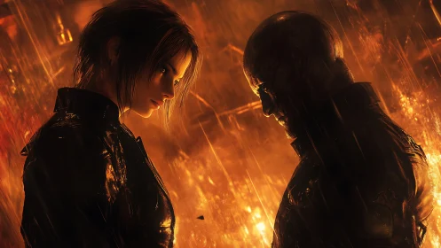 Rain-soaked cyberpunk standoff with backlit orange firestorm