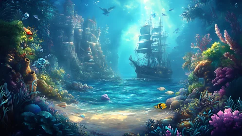 Underwater coral cove with sunken ship and ruins scene.