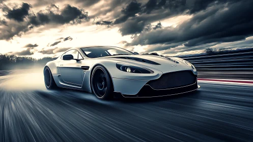 High-speed track capture shows aggressive aerodynamic sports car