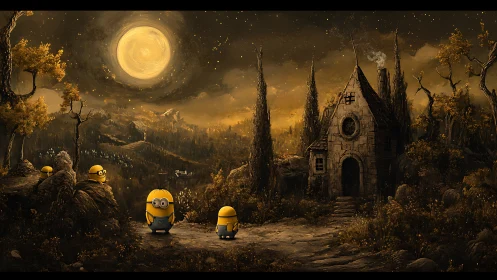 Moonlit forest cottage with curious yellow explorers.