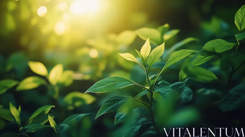 Vibrant green leaves in morning sunlight, nature photography style.
